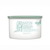 Front view of a 14 ounce can of Satin Smooth Aloe Vera Wax with its light green lid on
