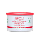 Front view of a 14 ounce can of Satin Smooth Multidirectional Application Rose Aroma Hard Wax with its bright pink lid on