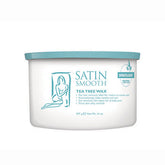 Front view of a 14 ounce can of Satin Smooth Tea Tree Wax with its light green lid on