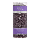 Amethyst crystal pebble wax in a cylindrical container with a purple label on a white background