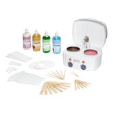 Hair removal kit with bottles, a hair removal device, and accessories on a white background