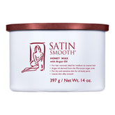 Satin Smooth honey wax with argan oil container on a white background