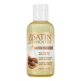 Bottle of Satin Smooth Satin Release wax residue remover oil on a white background