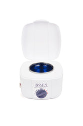 Satin Smooth Professional Single Wax Warmer with fully opened lid displaying its wax well filled with melted dark blue wax