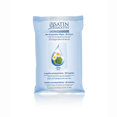 Front view of Satin Smooth Satin cleanser wet wipes in a vertical pillow  bag mock up