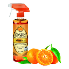 Satin Smooth deflating car cleaner bottle with oranges on a white background