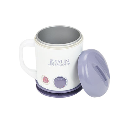 Satin Smooth wax warmer with purple lid, compact design ideal for professional hair removal treatments.