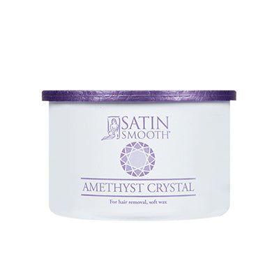 Front view of a 14 ounce can of Satin Smooth Amethyst Crystal Wax with its purple lid on