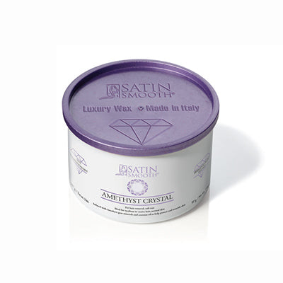 Tilted front view of a 14 ounce can of Satin Smooth Amethyst Crystal Wax with its purple lid on
