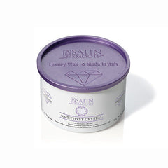 Tilted front view of a 14 ounce can of Satin Smooth Amethyst Crystal Wax with its purple lid on