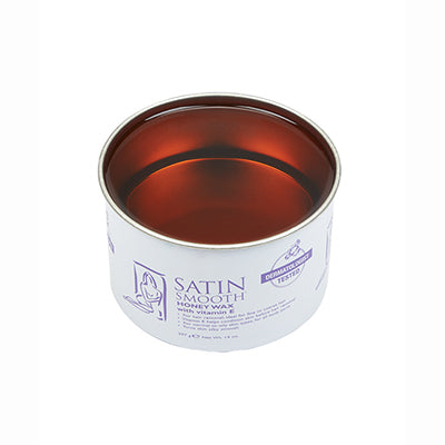 An open 14oz tin can of Satin Smooth showing its Honey Wax with Vitamin E