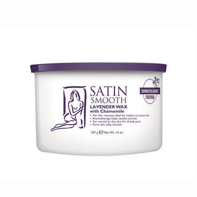 Front view of a 14 ounce can of Satin Smooth Lavender Wax with its purple lid on