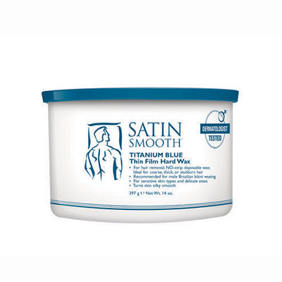 Front view of a 14 ounce can of Satin Smooth Titanium Blue Thin Film Hard Wax with its blue lid on