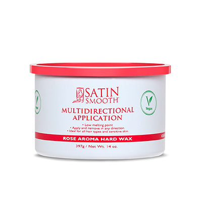 Front view of a 14 ounce can of Satin Smooth Multidirectional Application Rose Aroma Hard Wax with its bright pink lid on
