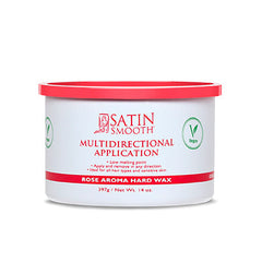 Front view of a 14 ounce can of Satin Smooth Multidirectional Application Rose Aroma Hard Wax with its bright pink lid on
