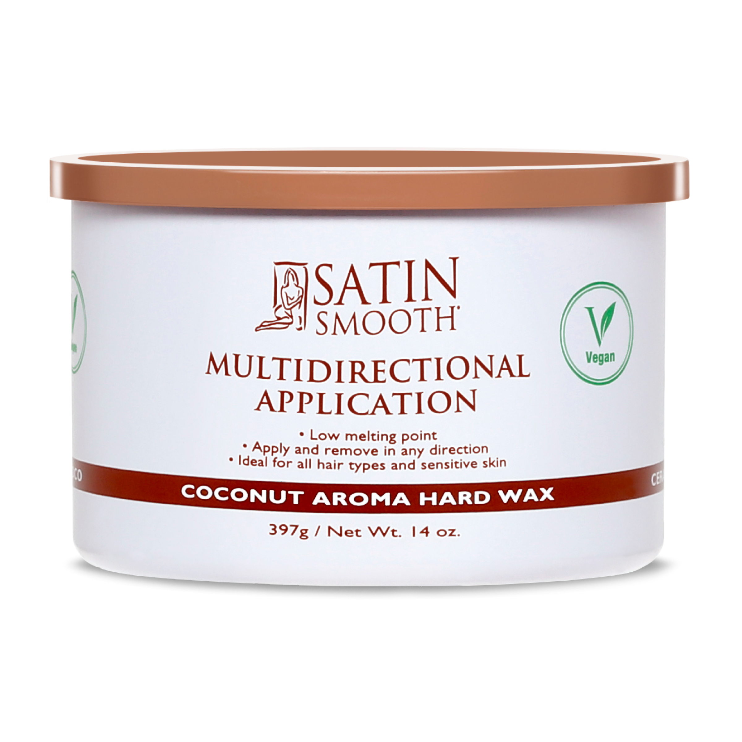 Jar of Satin Smooth coconut aroma hard wax on a white background
