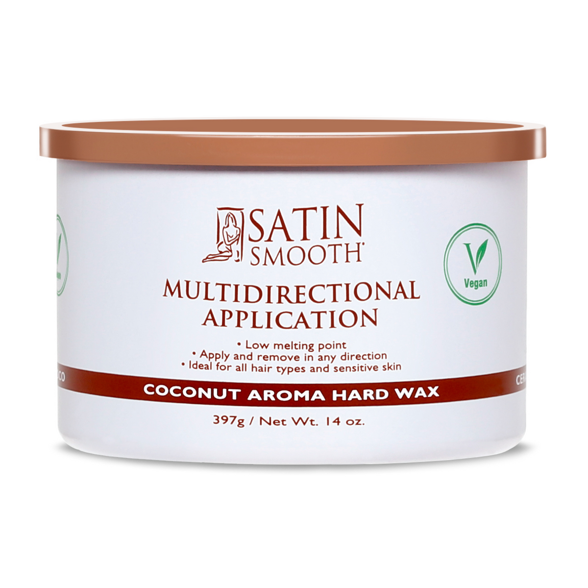 Jar of Satin Smooth coconut aroma hard wax on a white background