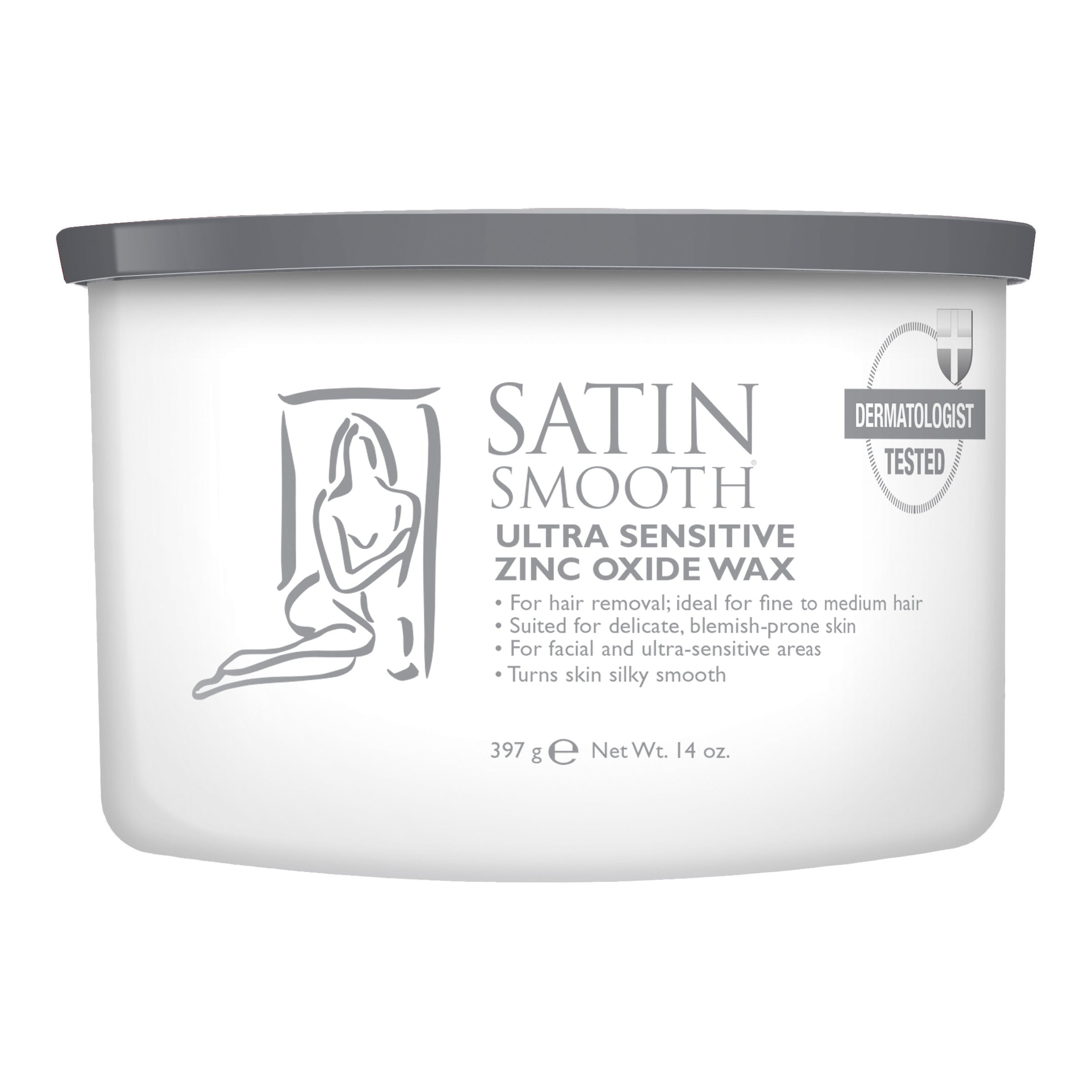 Satin Smooth ultra sensitive zinc oxide wax container on a white background