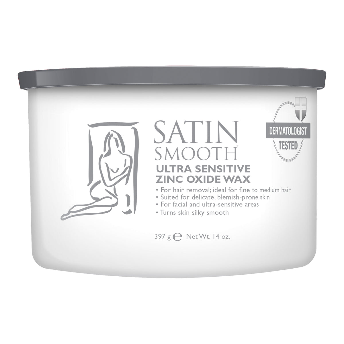 Satin Smooth ultra sensitive zinc oxide wax container on a white background
