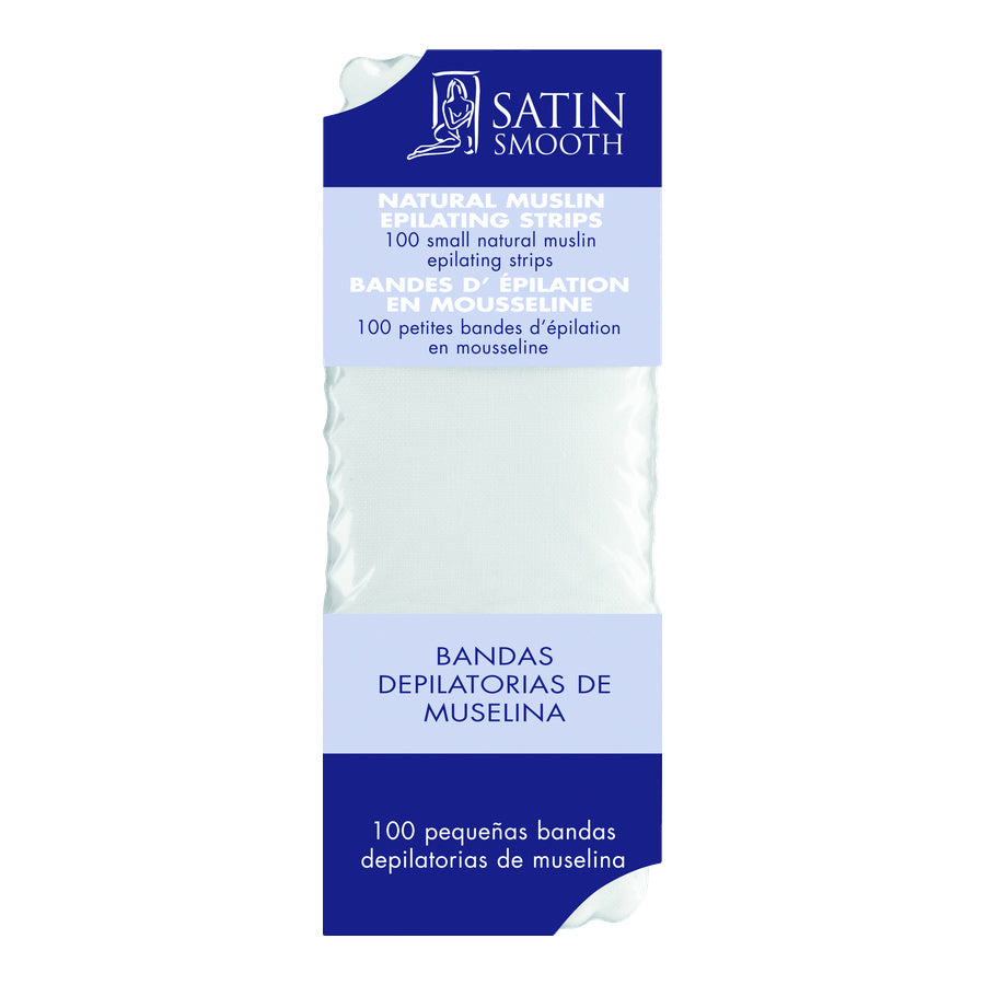 Pack of Satin Smooth natural muslin epilating strips on a white background