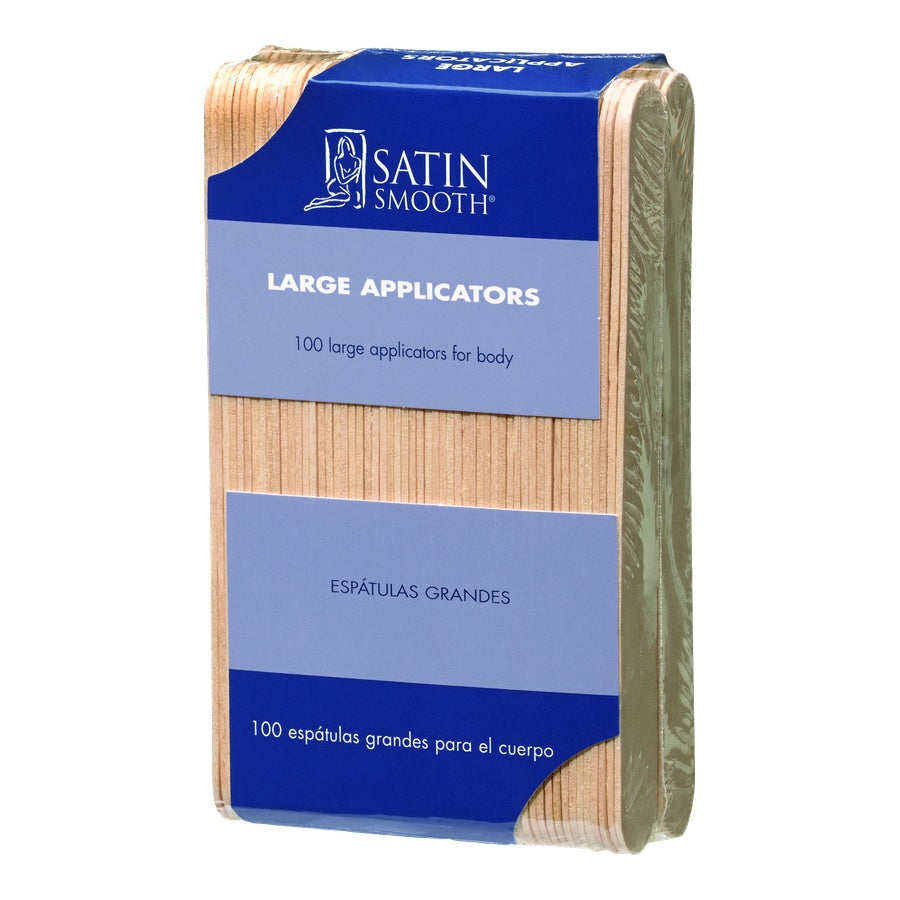 Pack of satin smooth large applicators with blue and beige packaging.