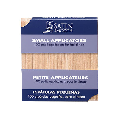 Satin Smooth Small Applicators box with 100 wooden sticks for precise facial hair waxing.