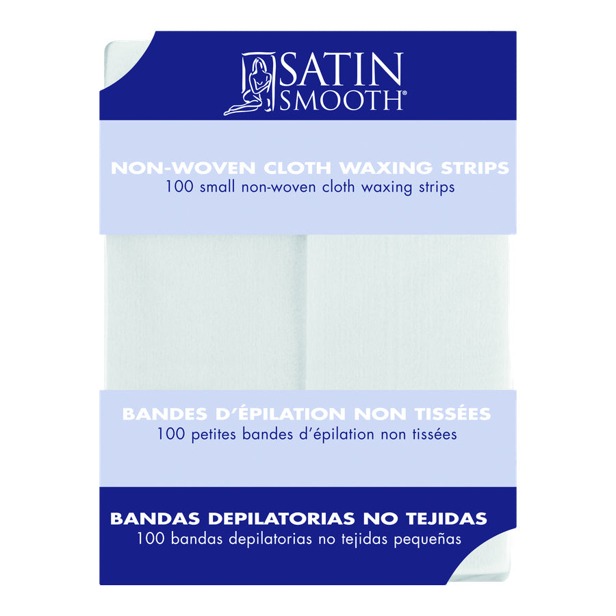 Packaging of Satin Smooth non-woven cloth waxing strips on a white background