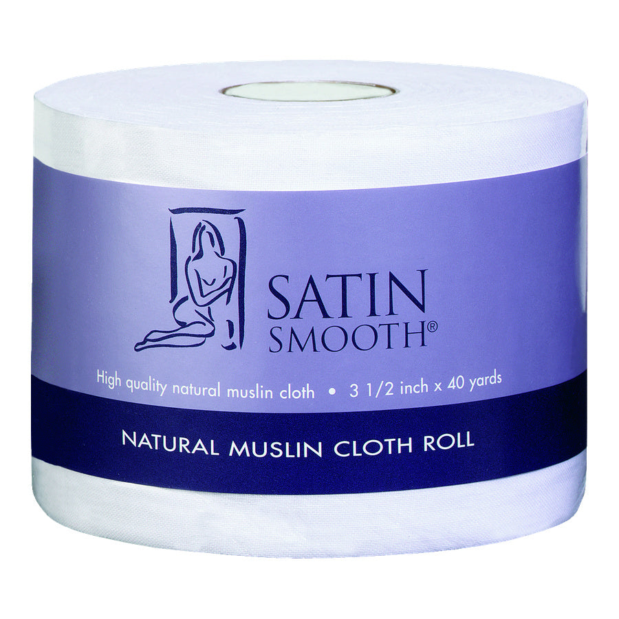 Satin Smooth natural muslin cloth roll with purple label on a white background
