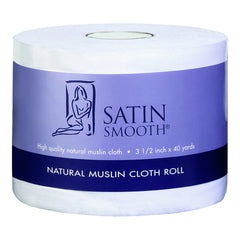 Satin Smooth natural muslin cloth roll with purple label on a white background