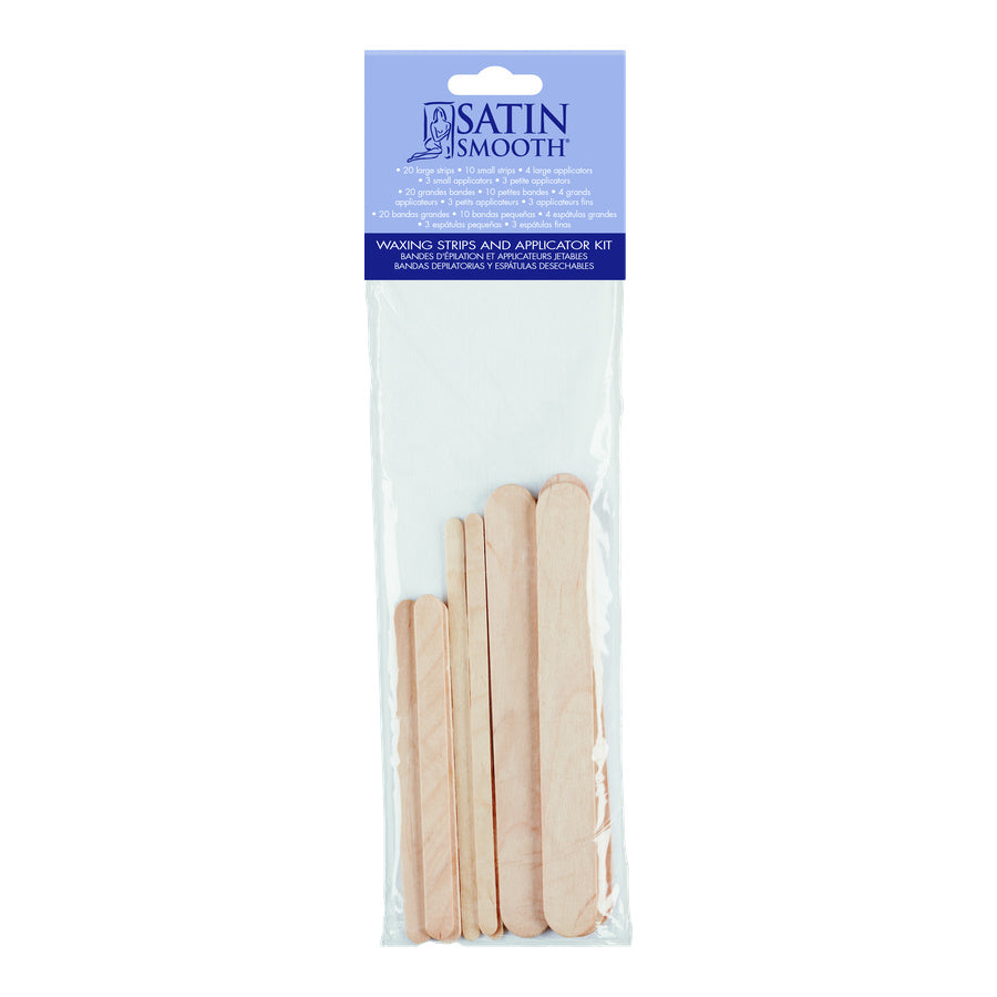 Satin Smooth waxing steps and applicator kit packaging on a white background