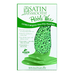 Packaging of Satin Smooth Pebble Wax with green wax pellets on a white background