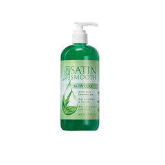 A 16 ounce pump bottle of Satin Smooth Satin Cool Aloe Vera Skin Soother featuring its emerald green gel contents
