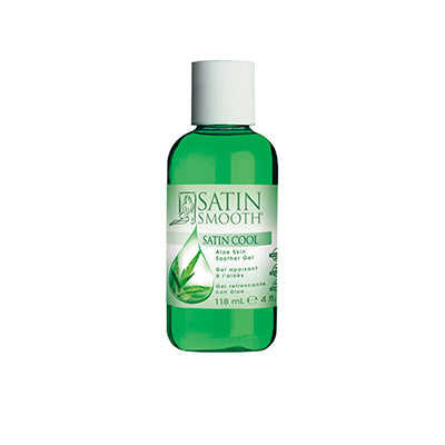 A transparent 4 ounce bottle of Satin Smooth Satin Cool Aloe Vera Skin Soother featuring its emerald green gel contents