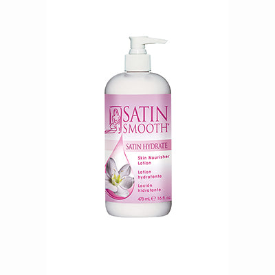 Front view of a Satin Smooth Satin Hydrate Skin Nourisher 16 ounce pump bottle featuring its light pink moisturizer contents
