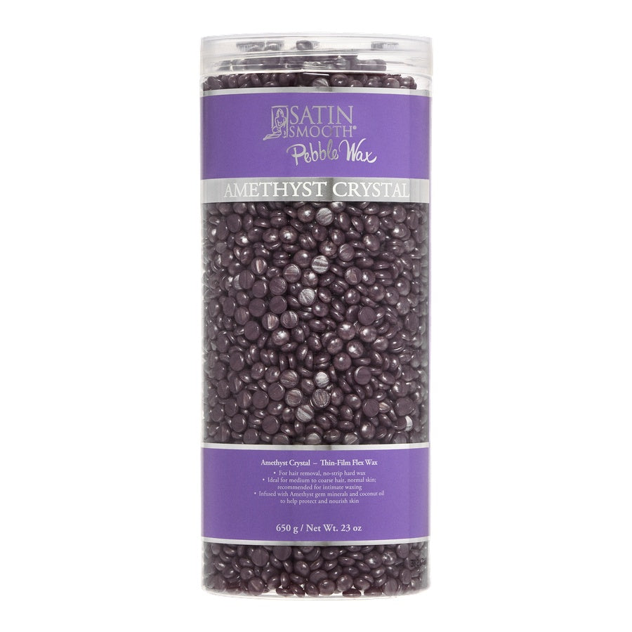 Amethyst crystal pebble wax in a cylindrical container with a purple label on a white background