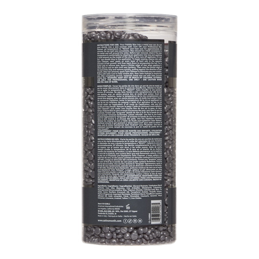 Tall cylindrical container with black beads and text on a white background