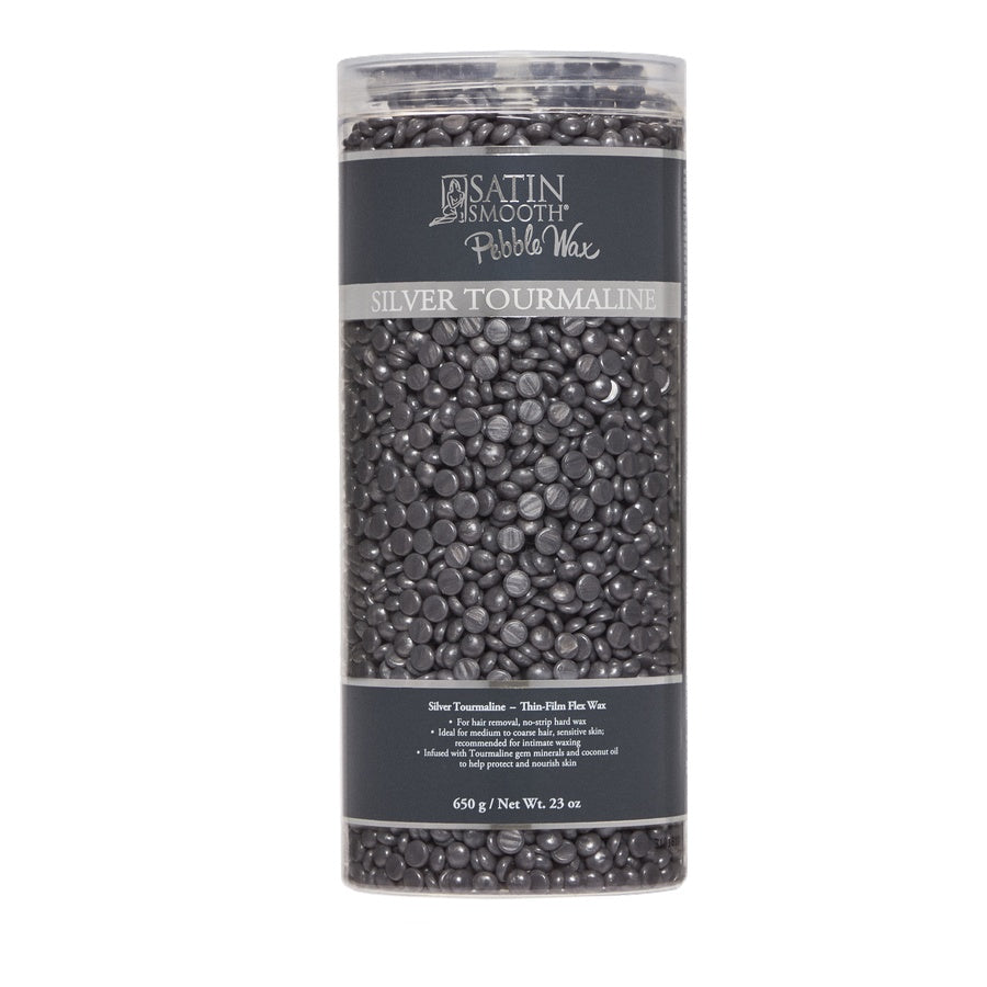 Container of silver tourmaline pebbles with packaging on a white background