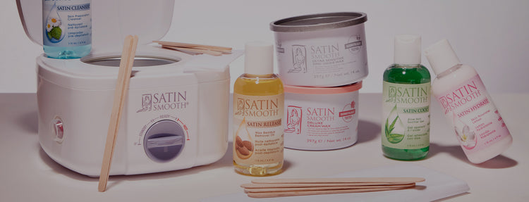 Clean & Easy wax warmer, pre and post products, and wax cans displayed on a white background. 