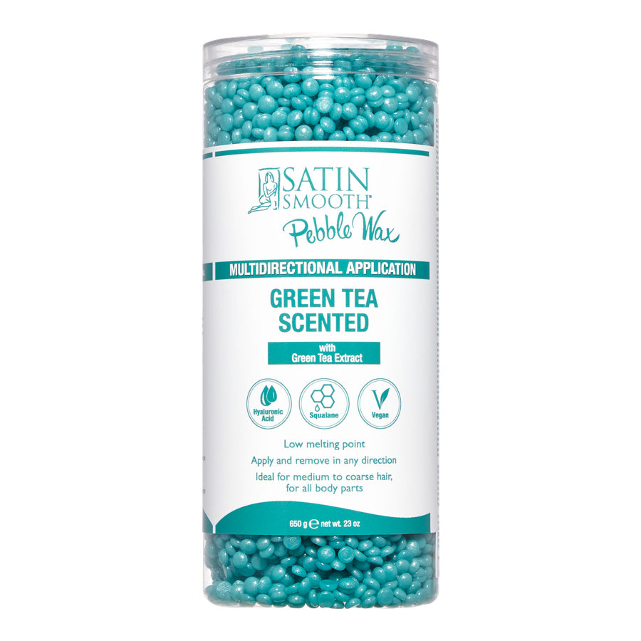 Container of green tea scented satin smooth pebble wax with white label