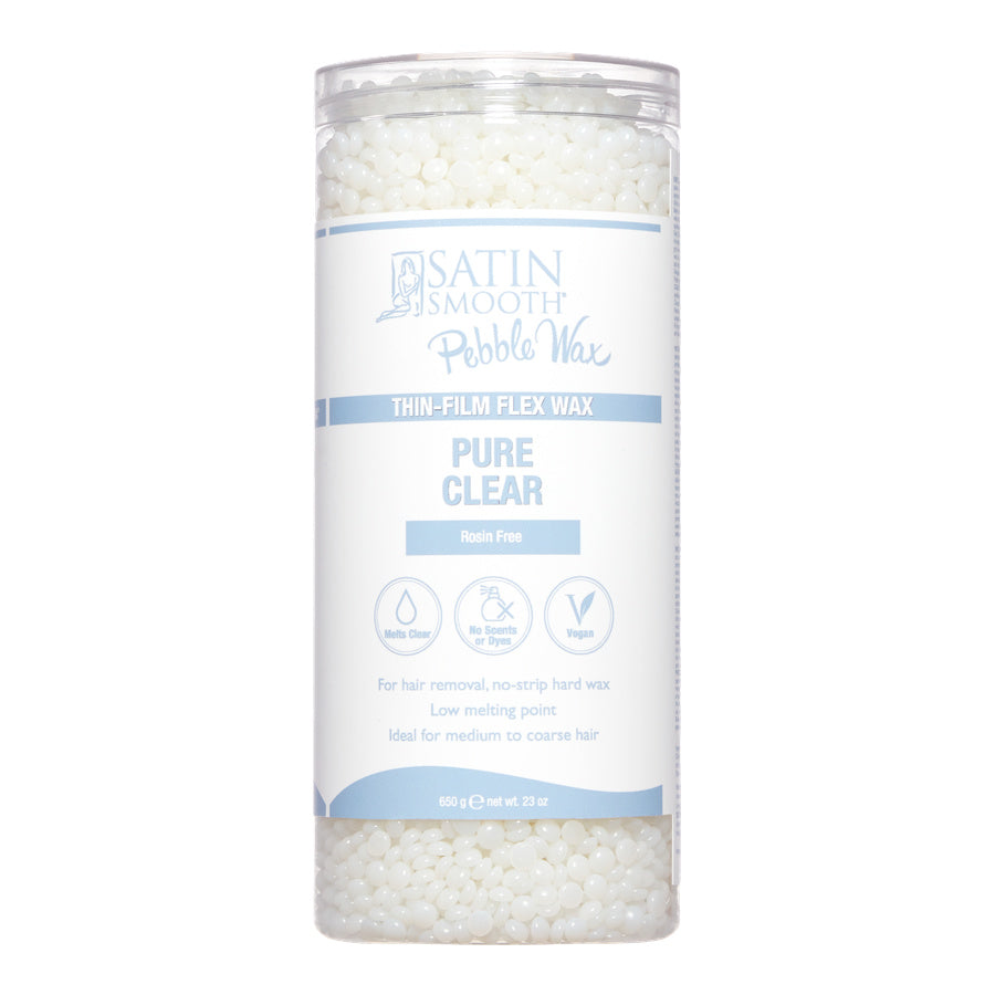 Container of satin smooth Pure Clear pebble wax with a white background