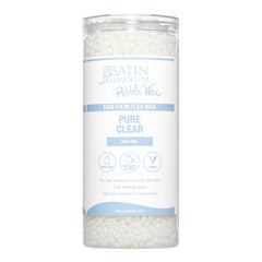 Container of satin smooth Pure Clear pebble wax with a white background