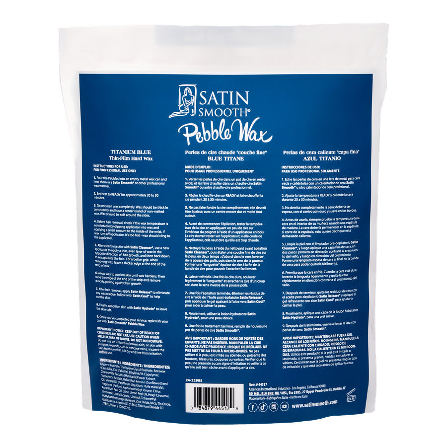 Back of a Satin Smooth Pebble Wax packaging with blue background and white text.