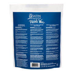 Back of a Satin Smooth Pebble Wax packaging with blue background and white text.