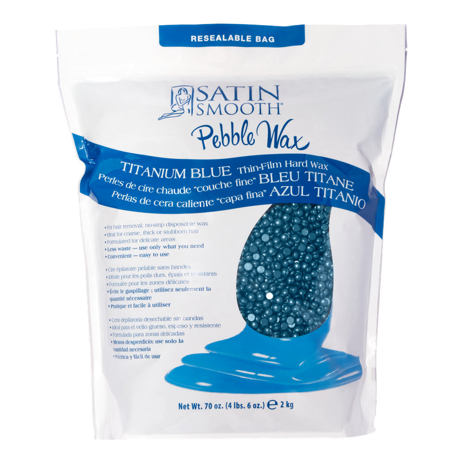 Package of Satin Smooth Pebble Wax with blue wax bead on a white background