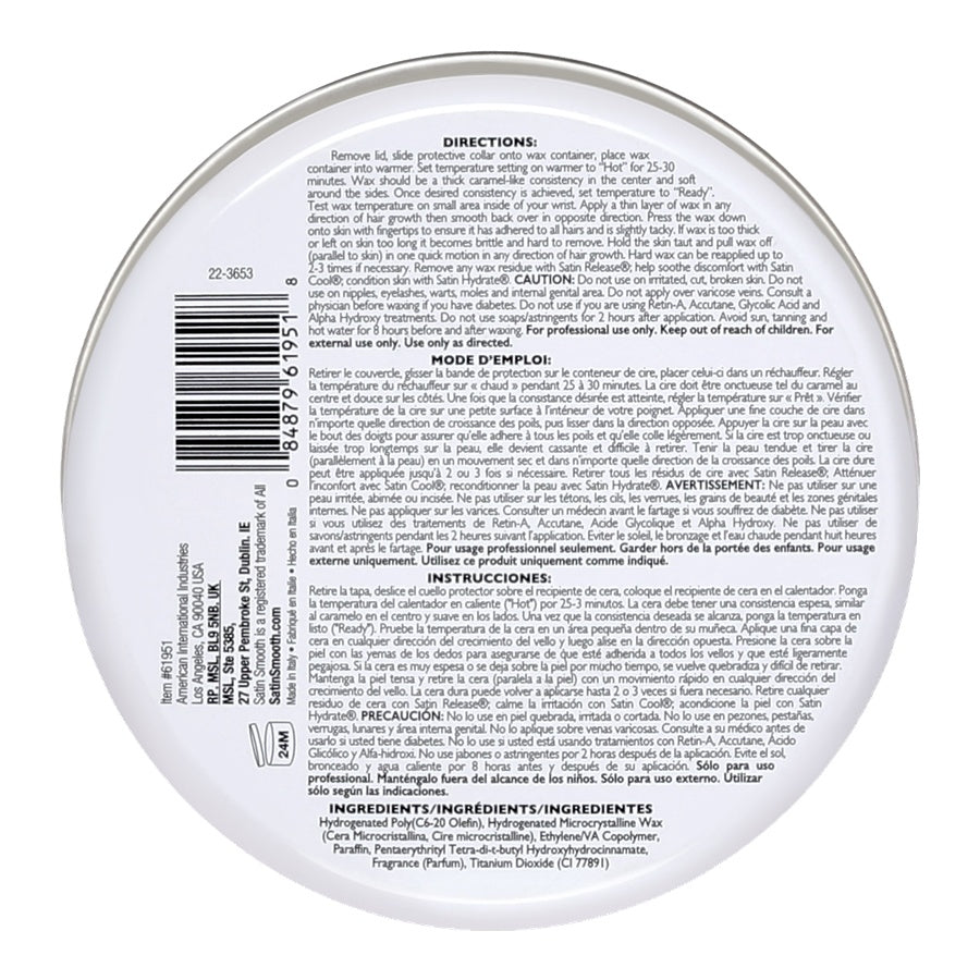 Back label of Satin Smooth coconut aroma hard wax on a white background