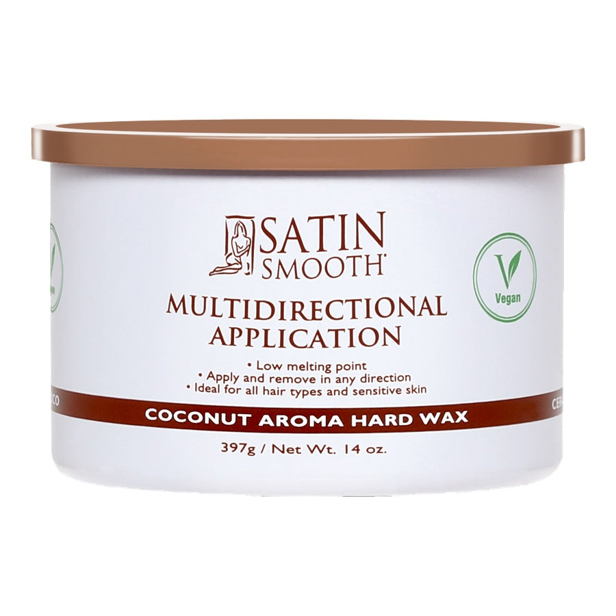 Satin Smooth coconut aroma hard wax container on a white background