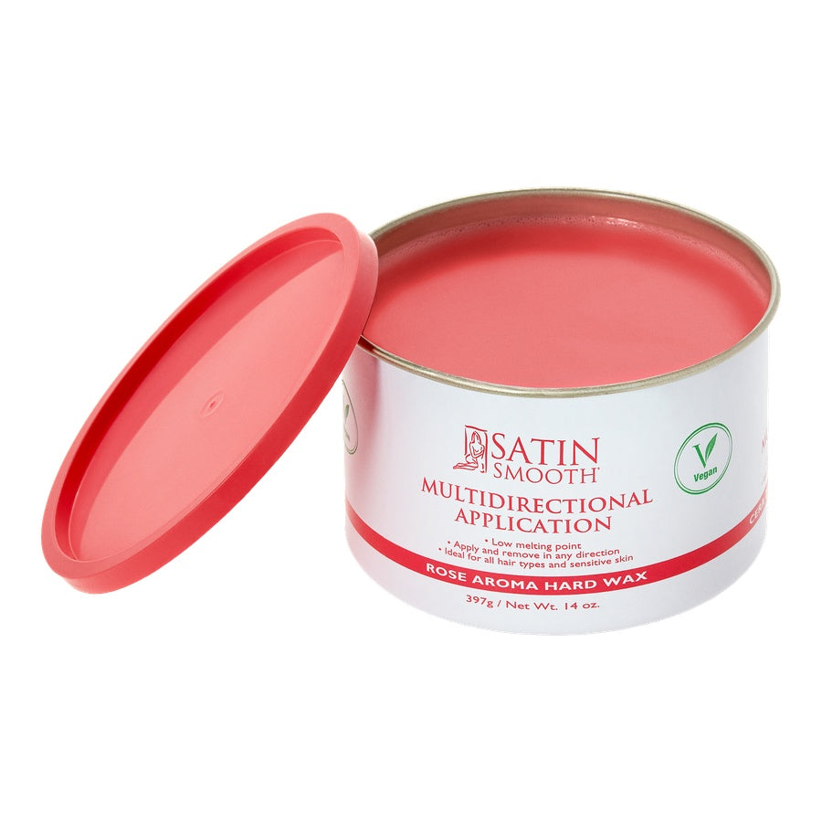 Satin Smooth hair wax container with red lid on a white background