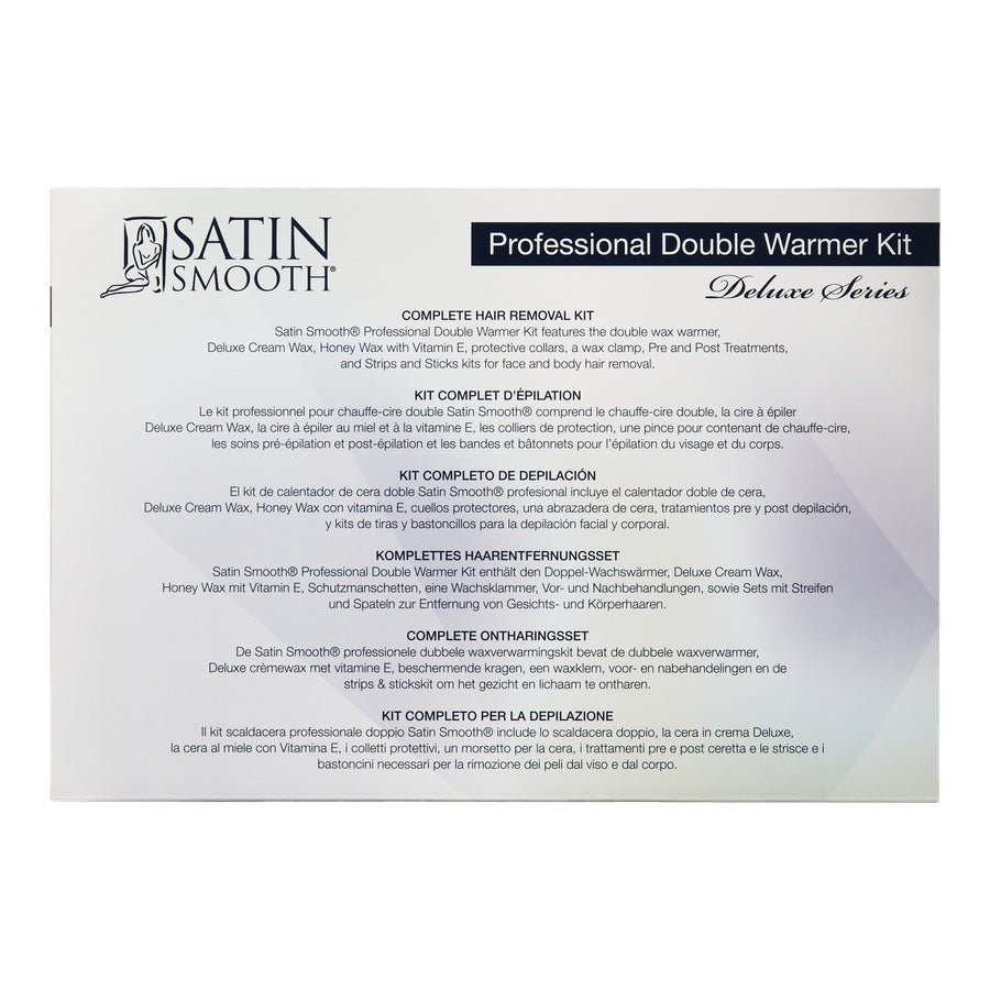 Satin Smooth professional double warmer kit packaging with text on a white background