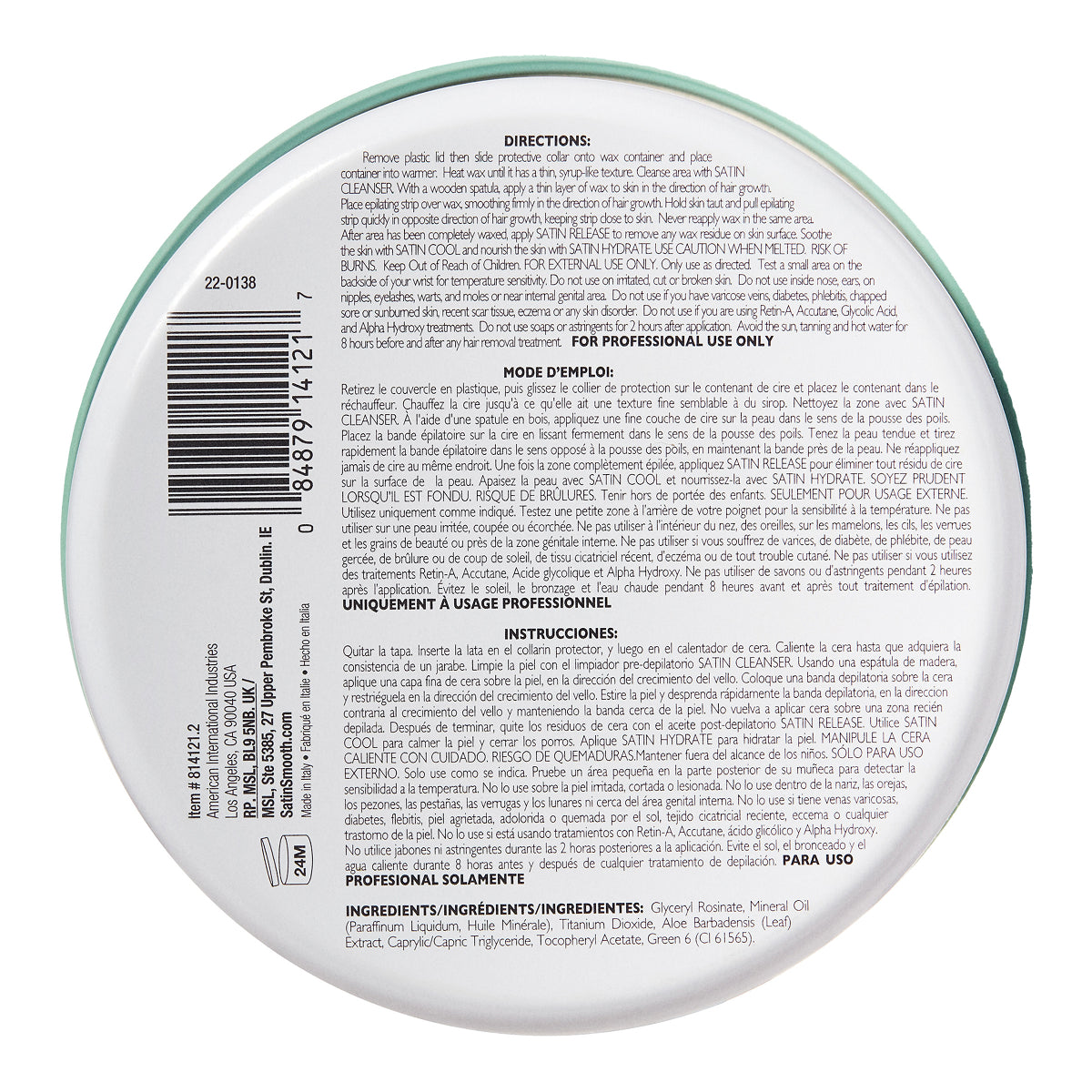 Back label of a cosmetic product with text and a barcode on a white background
