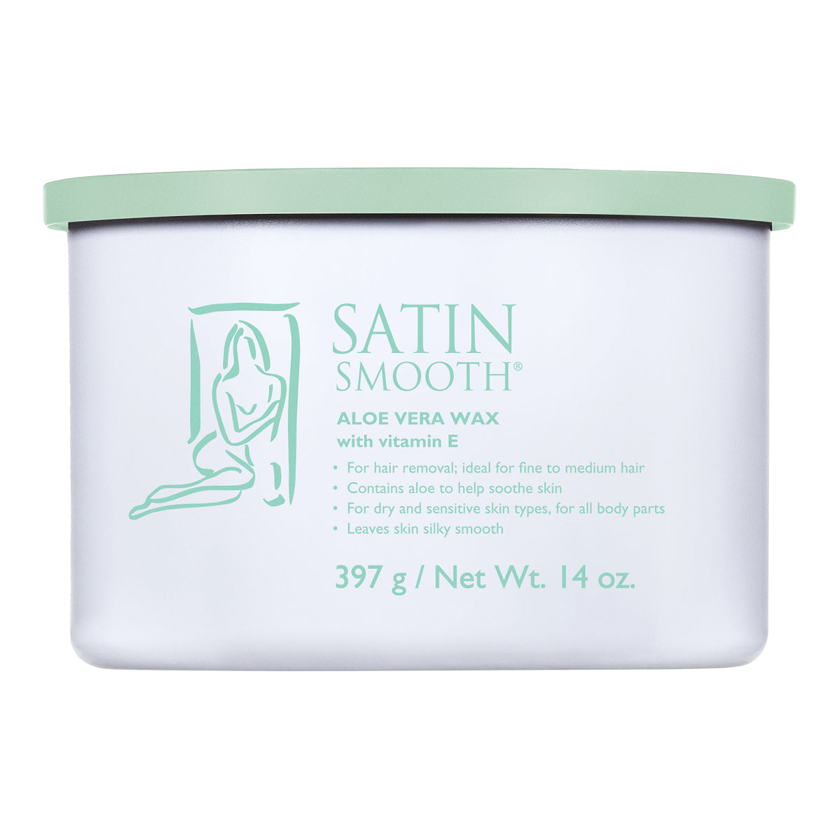 Satin Smooth aloe vera wax container with green lid on a white background